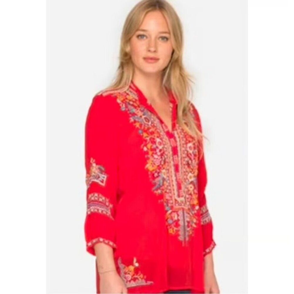 Johnny Was Floral Boho Embroidered Classic Split Neck Red Tunic Top Size XS